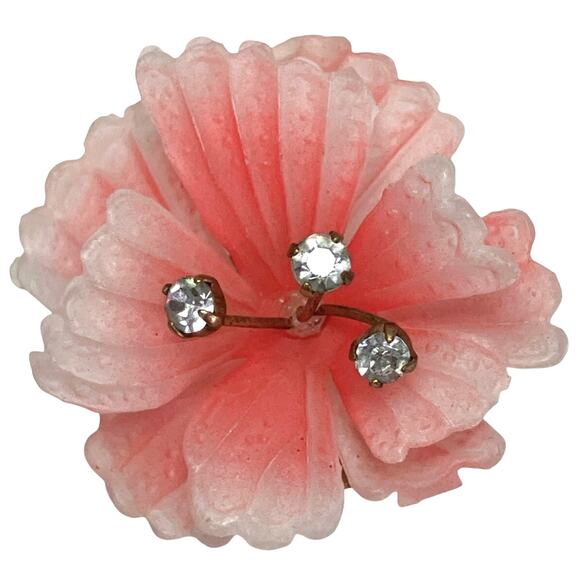 Vintage Austrian Lucite Floral Clip On Earrings 1950s Rhinestone Mid Century - Picture 5 of 11